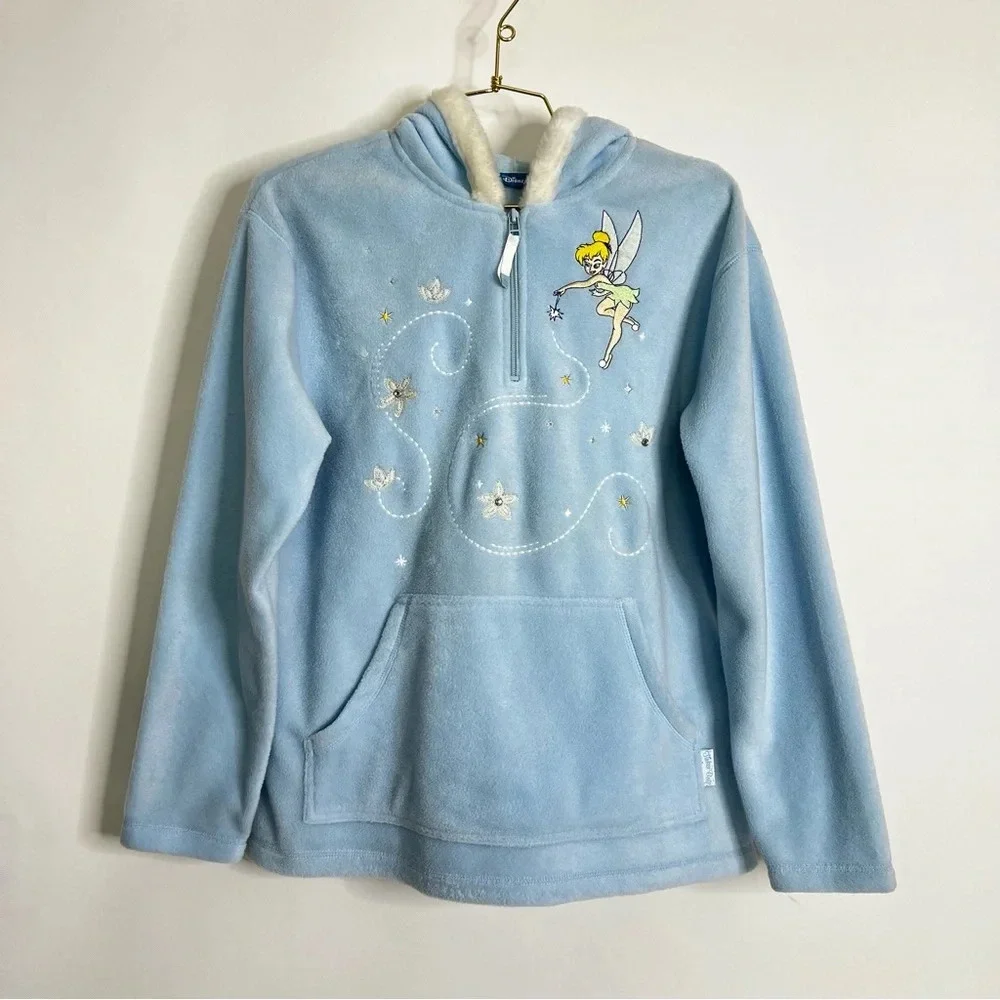 Disney Tinker Bell Hooded Fleece Blue Pullover Sweatshirt Quarter Zip Size Small